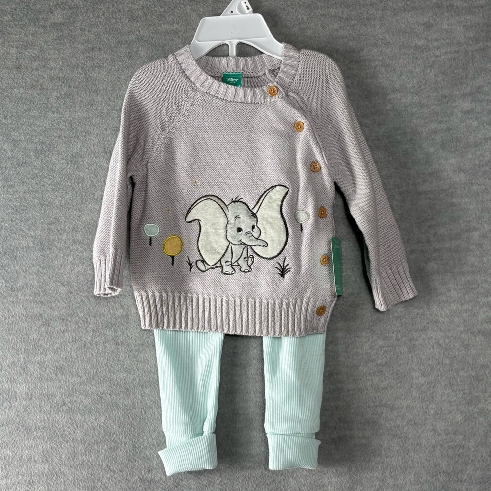 Disney Baby Dumbo Knitted Sweater Gray/Mint Green Ribbed Leggings SZ 3-6 Months